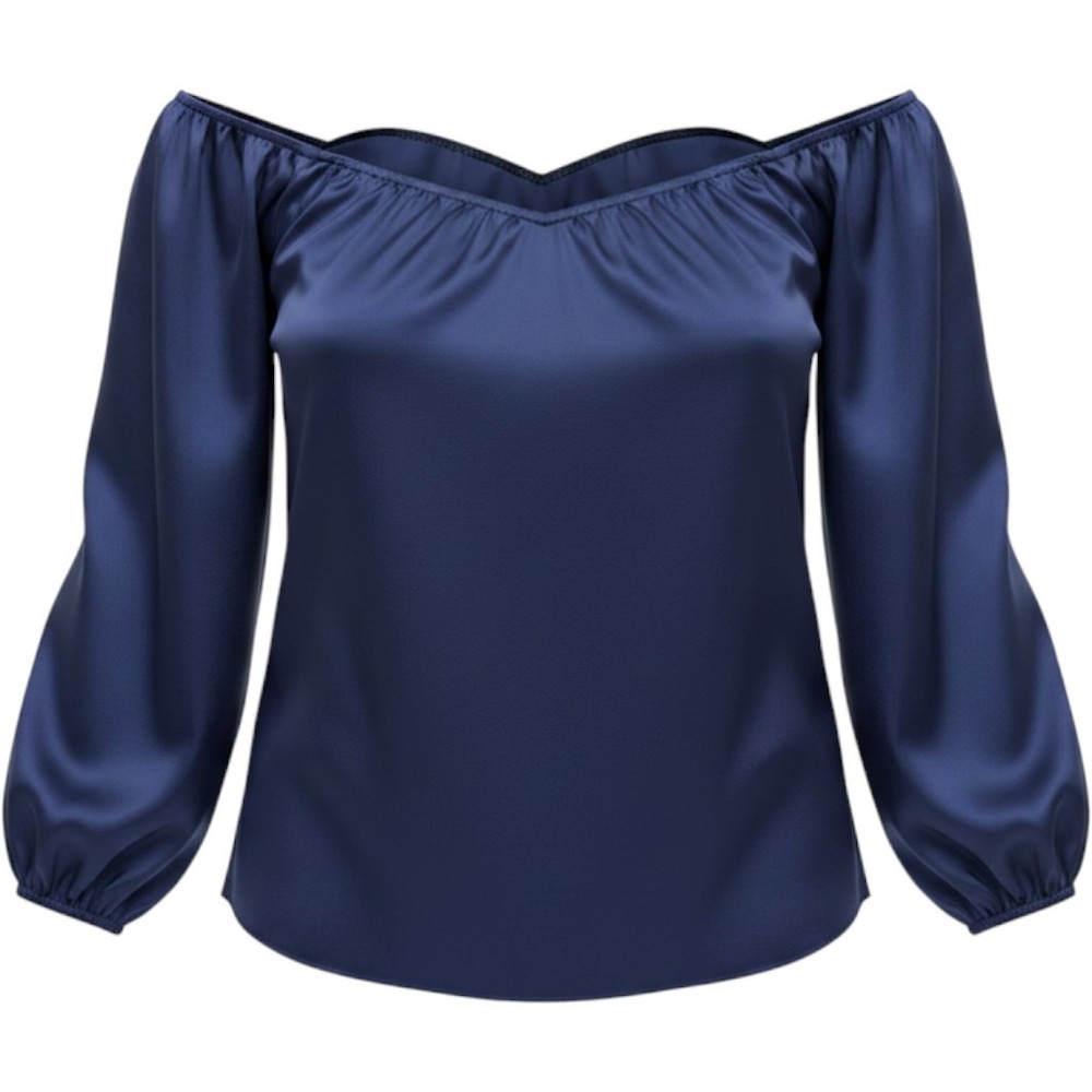 Milly Off Shoulder Blouse P Navy Blue Satin Sweetheart Long Sleeve Coquette Luxe